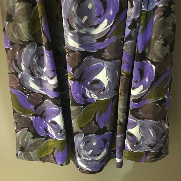 Vintage 80s Union Made Purple Rose Button Waist Pleated Midi Skirt - Picture 5 of 14